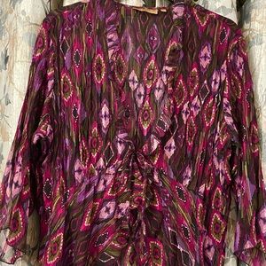 Notations Sz 3X Front Tie Semi-Sheer Ruffled 3/4 Sleeve Accordion Style Over Top